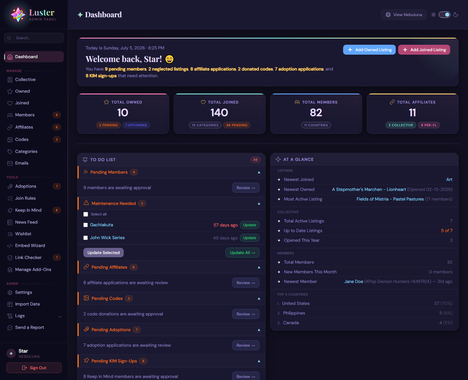 Luster admin panel