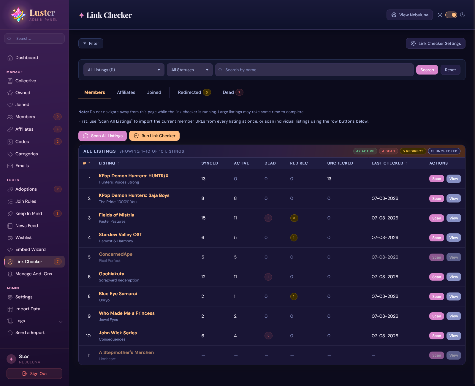 Link Checker - Skin: Floating Lights, Dark Mode (“Lantern Glow”)
